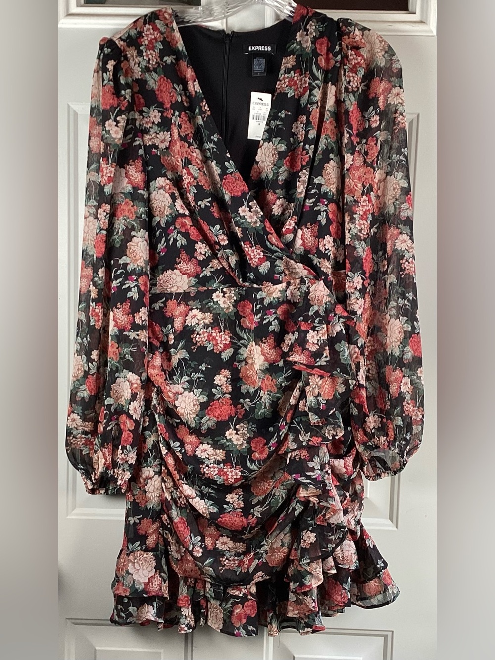 Express Black Floral Wrap Mini Dress with Pink & Coral Blooms